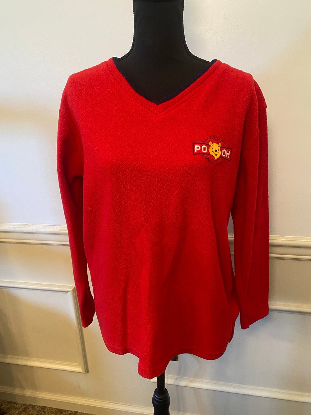 Vintage Disney Pooh V Neck Fleece Sweater Pullover with Navy Trim Embroidered